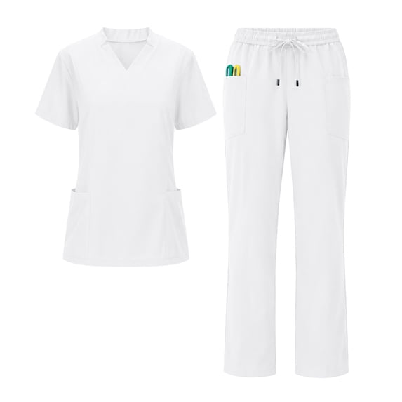 Women's V Neck Scrub Suit Set Stretch Drawstring Waist Work Pants with Pockets Medical Nurse Uniform Outfit White