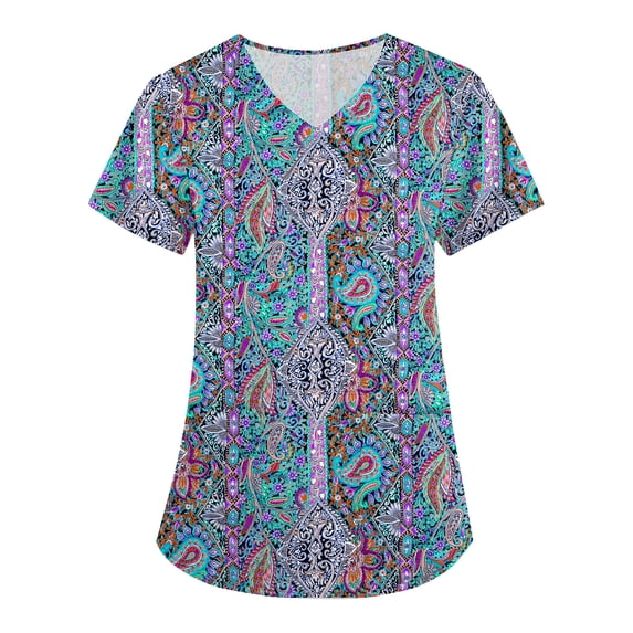 Women's V-Neck Scrub Top Short Sleeve Nurse Workwear with Pockets Bohemian Printed Uniform Blouse Summer Working Boho Tops Shirts