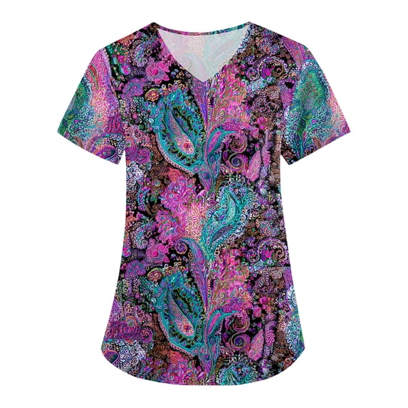 Women's V-Neck Scrub Top Short Sleeve Nurse Workwear with Pockets Bohemian Printed Uniform Blouse Summer Working Boho Tops Shirts