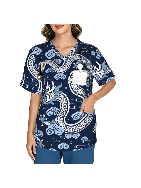 Women's V-Neck Scrub Top, Soft Short Sleeve Work Top for Nurses, Chinese Dragon Asian Oriental Print