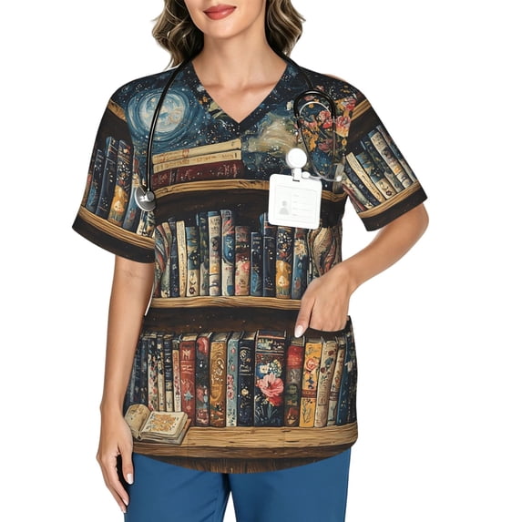 Retro Rooftop Women's V-Neck Scrub Top, Soft Short Sleeve Work Top for Nurses ...