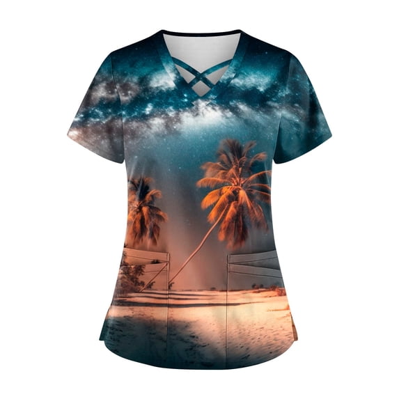 Women’s V Neck Scrub Top with Hawaiian Print Short Sleeve Criss Cross Neckline and Two Front Pockets for Medical Workwear Camel L