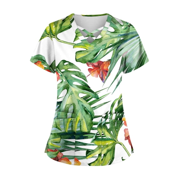 Women’s V Neck Scrub Top with Hawaiian Print Short Sleeve Criss Cross Neckline and Two Front Pockets for Medical Workwear Green S
