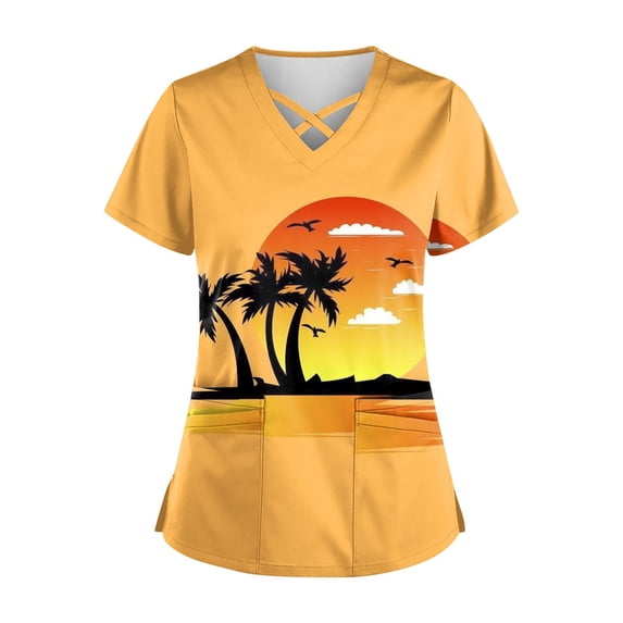Women’s V Neck Scrub Top with Hawaiian Print Short Sleeve Criss Cross Neckline and Two Front Pockets for Medical Workwear Orange S