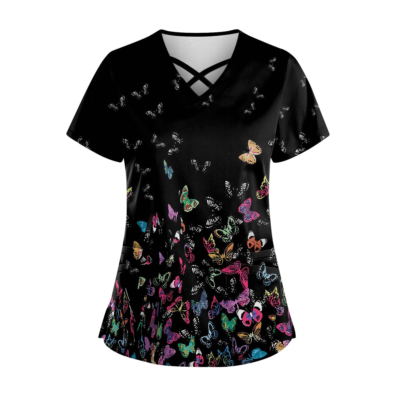 Women’s V-Neck Scrub Top with Leaf Print, Short Sleeve, Breathable Soft ...