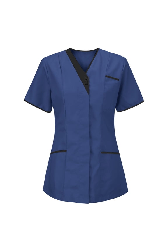 Women's V-Neck Scrub Top with Snap Front, Stretch V Neck Short Sleeve Work Nurse Uniforms with Pockets,Dark Blue S