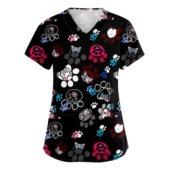Women's V-Neck Scrub Tops for Women Short Sleeve Cute Cartoon Printed Nursing Uniforms with Side Slit Pockets Stretchy Breathable Medical Workwear Tops Hot Pink S