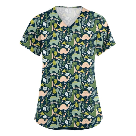 Women's V-Neck Scrub Tops for Women Short Sleeve Cute Cartoon Printed Nursing Uniforms with Side Slit Pockets Stretchy Breathable Medical Workwear Tops Light Gray XXL