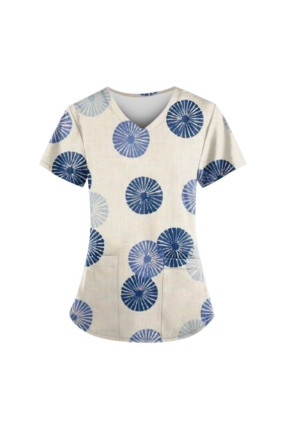 Women's V-Neck Scrub Tops for Women Short Sleeve Floral Printed Nursing Uniforms with Pockets Stretchy Breathable Fashion Medical Workwear Cute Summer Tops Beige L