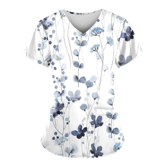 Women's V-Neck Scrub Tops for Women Short Sleeve Floral Printed Nursing Uniforms with Pockets Stretchy Breathable Fashion Medical Workwear Cute Summer Tops Blue XXXL