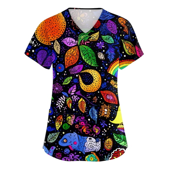 Women's V-Neck Scrub Tops for Women Short Sleeve Printed Nursing Uniforms with Side Slit Pockets Stretchy Breathable Fashion Workwear Medical Tops for Healthcare Navy XXXXL