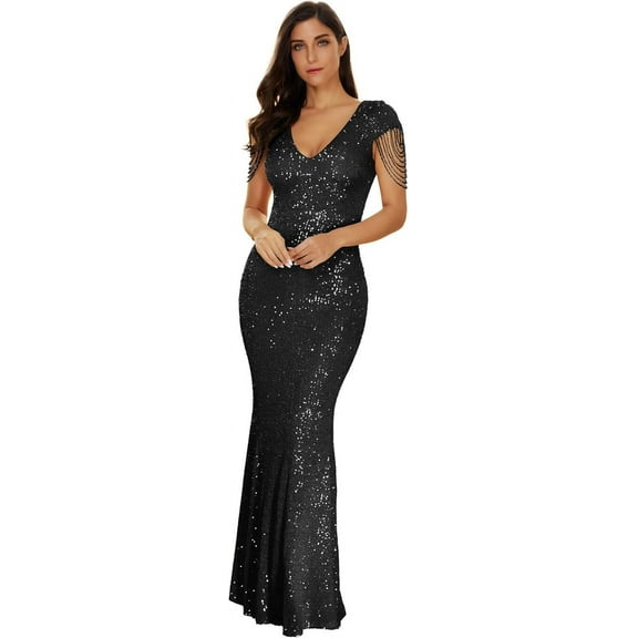 Women's V Neck Sequin Formal Evening Dress Tassel Bead Sleeve Mermaid Long Gown 1920S Party Maxi Military Dress