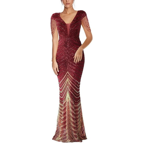Women's V Neck Sequin Formal Evening Dress Tassel Bead Sleeve Mermaid Long Gown 1920S Party Maxi Military Dress
