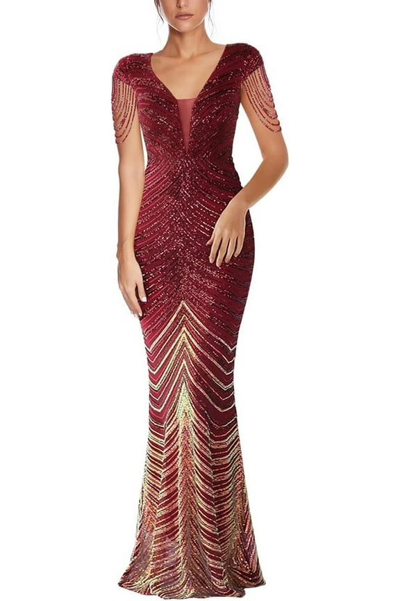 Women's V Neck Sequin Formal Evening Dress Tassel Bead Sleeve Mermaid Long Gown 1920S Party Maxi Military Dress