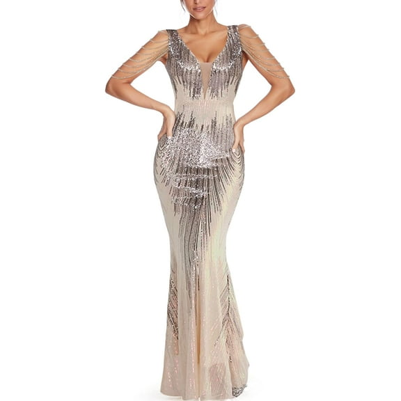 Women's V Neck Sequin Formal Evening Dress Tassel Bead Sleeve Mermaid Long Gown 1920S Party Maxi Military Dress