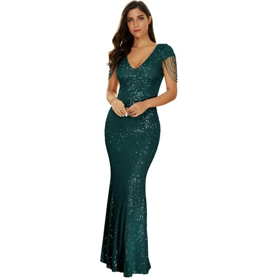Women's V Neck Sequin Formal Evening Dress Tassel Bead Sleeve Mermaid Long Gown 1920S Party Maxi Military Dress