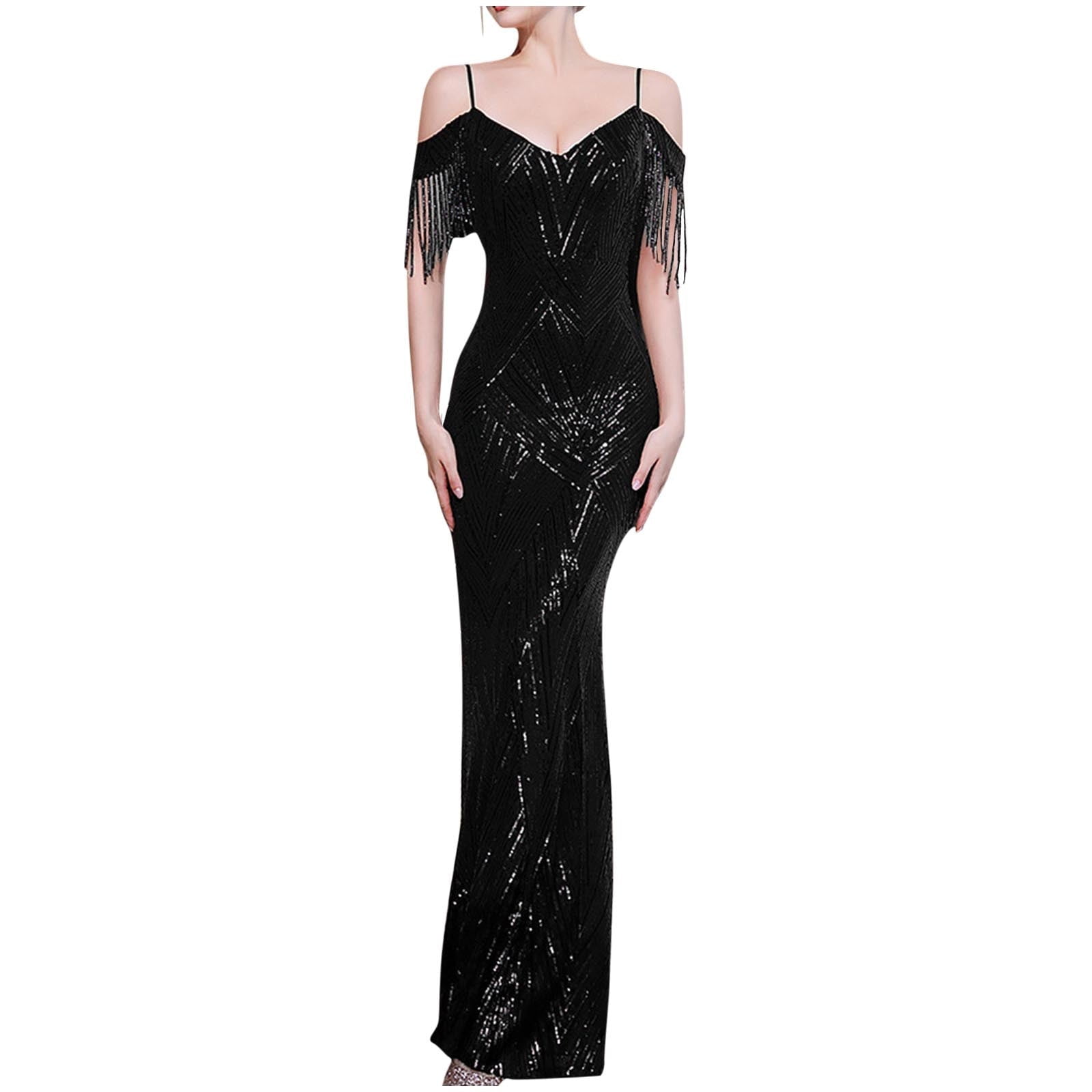 Women's V Neck Sequin Formal Evening Dress Tassel Cold Sleeve Long Gown Retro Party Maxi Mermaid Dress Elegant Dresses for Women Formal S-6 Black XXL
