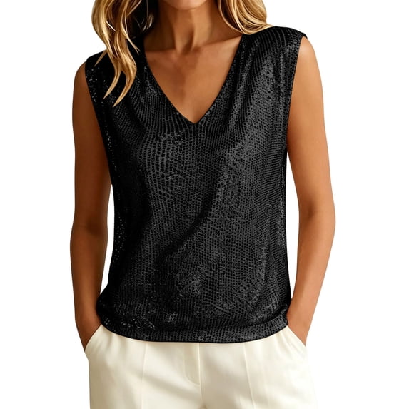 Women's V Neck Sequin Sleeveless Tank Top Sparkly Glitter Blouse Party Club Night Out Shiny Vest Top S-2XL Black