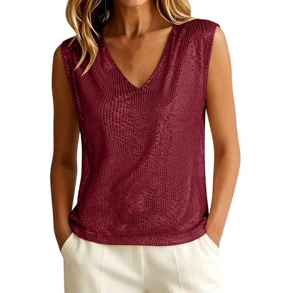 Women's V Neck Sequin Sleeveless Tank Top Sparkly Glitter Blouse Party Club Night Out Shiny Vest Top S-2XL Red