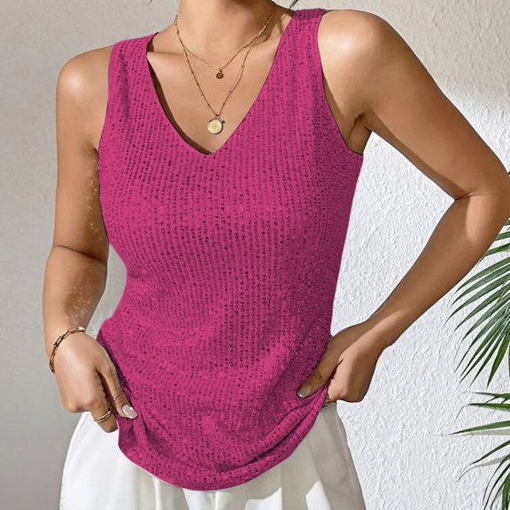 Women's V-Neck Sequin Tank Top, Loose Fit Sleeveless Glitter Camisole, Sparkly Casual Vest, Comfortable Relaxed Wear, Versatile Layering Piece, Everyday Shiny Blouse Hot Pink S