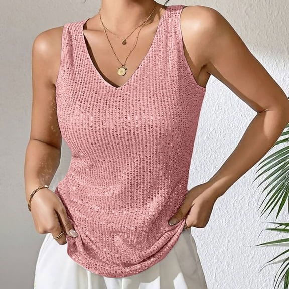 Women's V-Neck Sequin Tank Top, Loose Fit Sleeveless Glitter Camisole, Sparkly Casual Vest, Comfortable Relaxed Wear, Versatile Layering Piece, Everyday Shiny Blouse Pink S