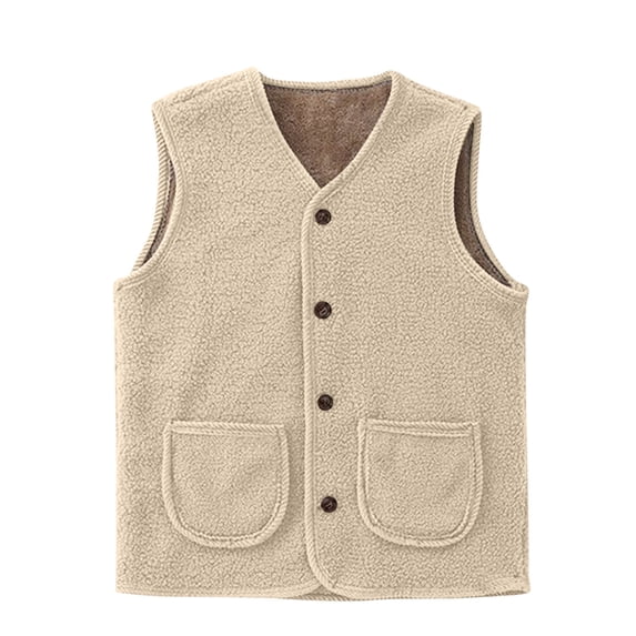 Women’s V Neck Sherpa Fleece Vest, Sleeveless Button Down Waistcoat with Front Patch Pockets, Warm Layering Casual Outdoor Gilet for Autumn Winter Beige,XXXXL