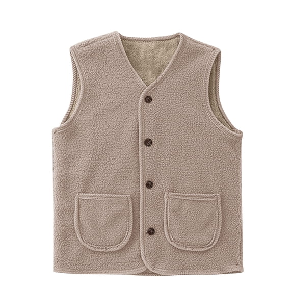 Women’s V Neck Sherpa Fleece Vest, Sleeveless Button Down Waistcoat with Front Patch Pockets, Warm Layering Casual Outdoor Gilet for Autumn Winter Khaki,XXXXXL