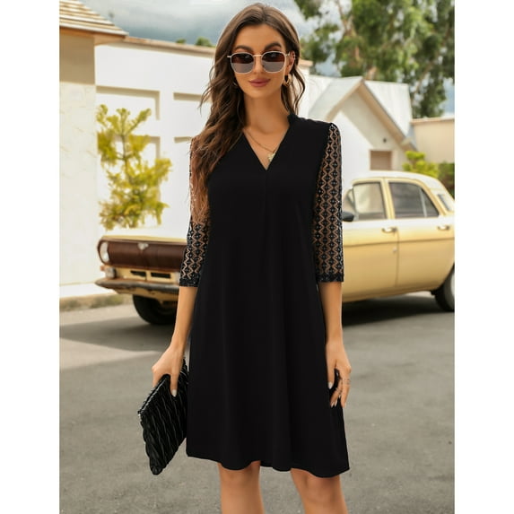 Women's V Neck Shift Dress 3/4 Sleeve Shift Dress Knee Length Lace Tunic Dress Black XL