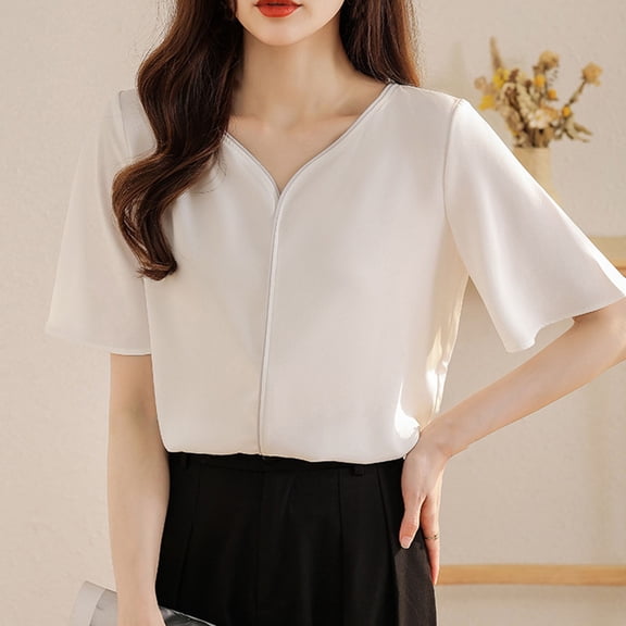 Women's V Neck Shirt, Long Sleeve Satin Lapel Tops, Casual Polyester Blouse for Women