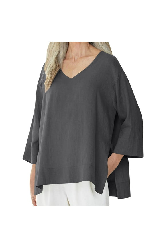 Women's V-Neck Shirts Casual Three-Quarter Sleeve Solid Pullover Tops Oversize Side Slit Blouse Lightweight Cool Loose Fit Fashion Fall Clothes