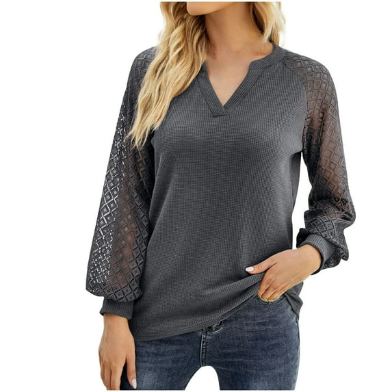 Women's V Neck Shirts Dressy Casual Waffle Knit Tunic Tops Long Sleeve Blouse T Shirt Lace Hollow Out Blouses