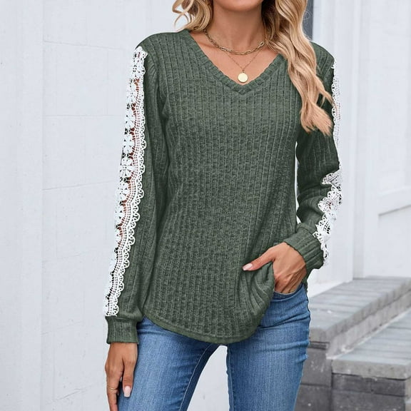 Women's V-Neck Shirts Lace Contrast Color Blouses Fashion Casual Solid Color Long Sleeve Shirts Pullover Womens Loose T-Shirt Tops Army Green S