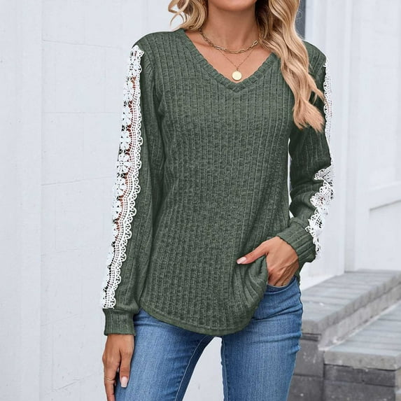 Women's V-Neck Shirts Lace Contrast Color Blouses Fashion Casual Solid Color Long Sleeve Shirts Pullover Womens Loose T-Shirt Tops Army Green XL