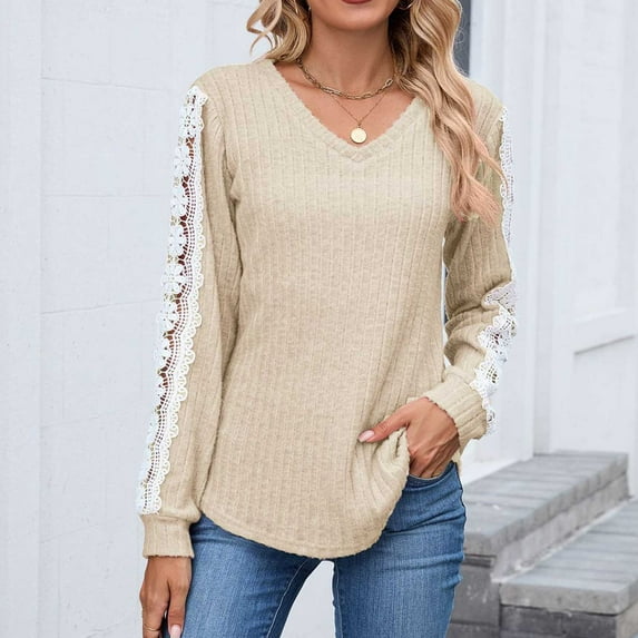 Women's V-Neck Shirts Lace Contrast Color Blouses Fashion Casual Solid Color Long Sleeve Shirts Pullover Womens Loose T-Shirt Tops Beige XL