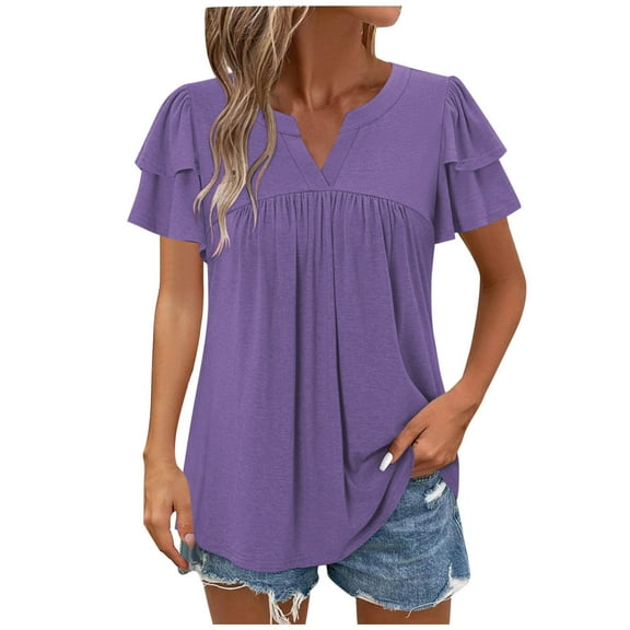 Women's V Neck Shirts Summer Short Sleeve T-Shirt Pleated Tunic Blouse Plain Classic Basic Tops Button up Shirts Casual Loose Everyday Pullover Top