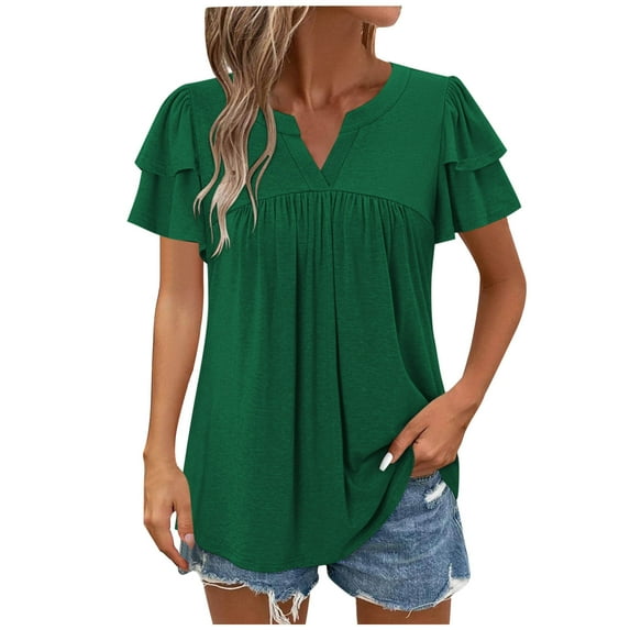 Women's V Neck Shirts Summer Short Sleeve T-Shirt Pleated Tunic Blouse Plain Classic Basic Tops Button up Shirts Casual Loose Everyday Pullover Top
