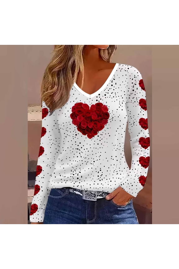 Women's V-Neck Shirts Valentine's Love Heart Printed Long Sleeves T-Shirt Loose Casual Blouses Pullover Top S-5XL