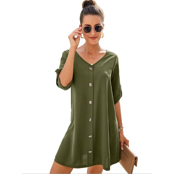 Women's V Neck Shorrt Sleeve Button Down Solid T-Shirt Dress Top
