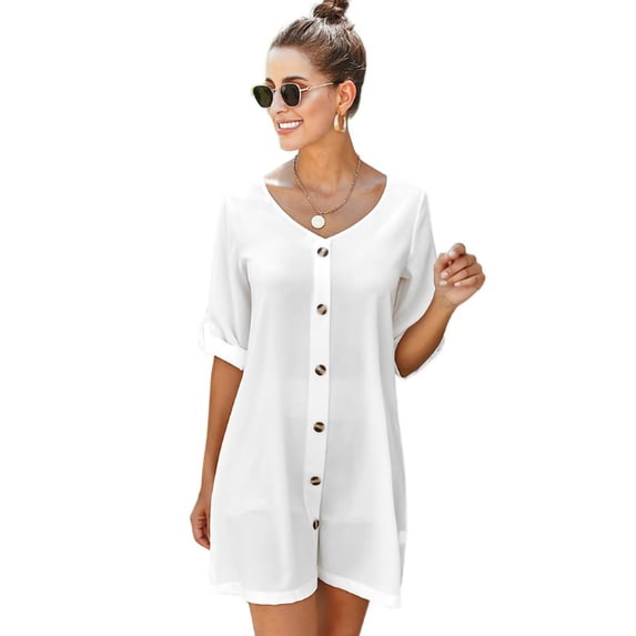 Women's V Neck Shorrt Sleeve Button Down Solid T-Shirt Dress Top