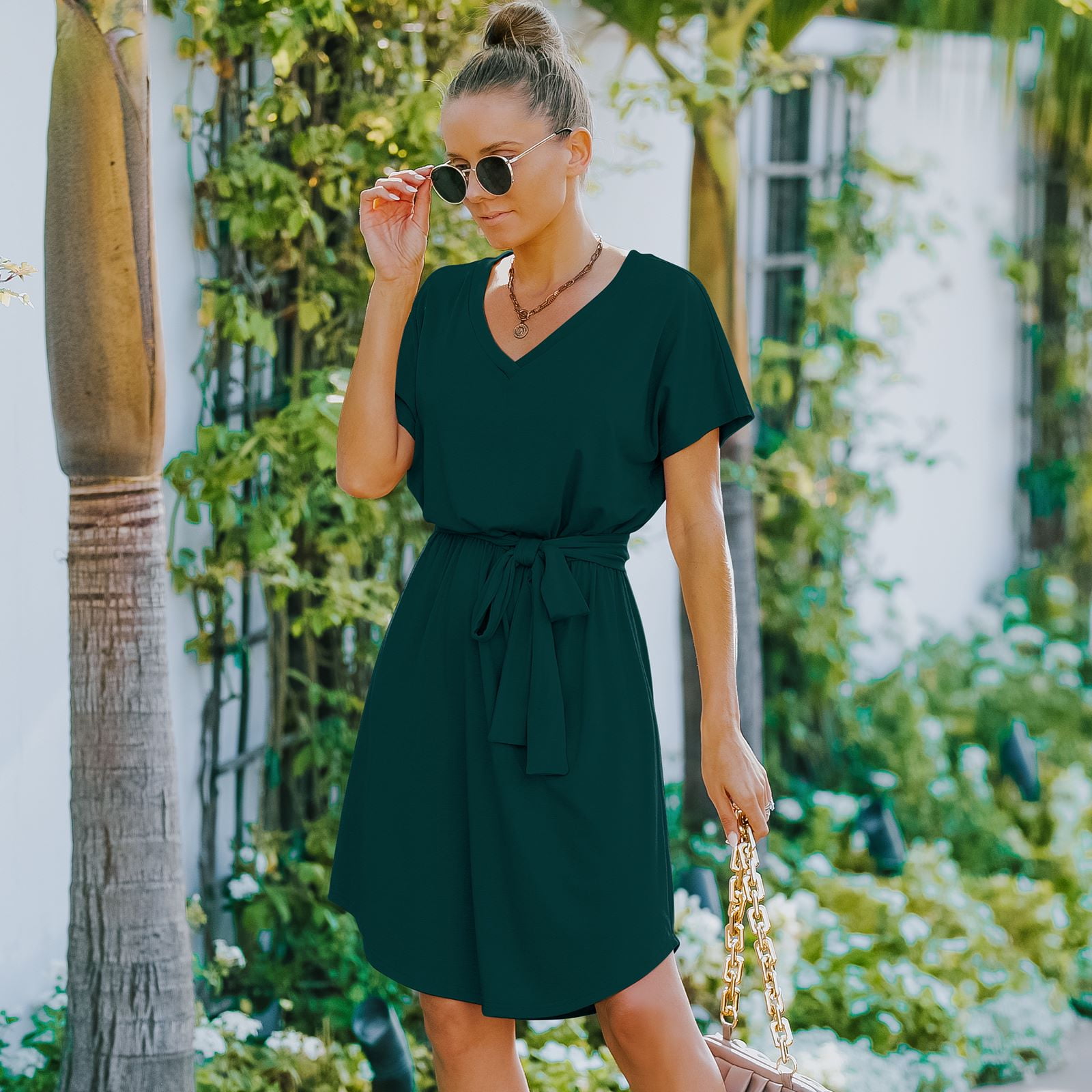women's v neck t shirt dress Kukoosong Women's V Neck Short Sleeve T-Shirt Dress, Casual Loose Fit Mini Tunic Dress, Summer Dress for Women Beach Vacation, Size: Medium, Green