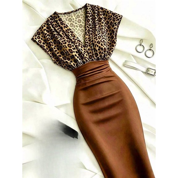 Women's V-Neck Short Sleeve Bodycon Midi Dress Ruched Cinched Waist Party