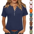 thumbnail image 1 of Women's V Neck Short Sleeve Button Henley Tops Casual Summer Fashion T Shirts Versatile Basic Tees for Everyday Wear Vacation Travel Going Out Weekend Gathering Navy 3XL, 1 of 6