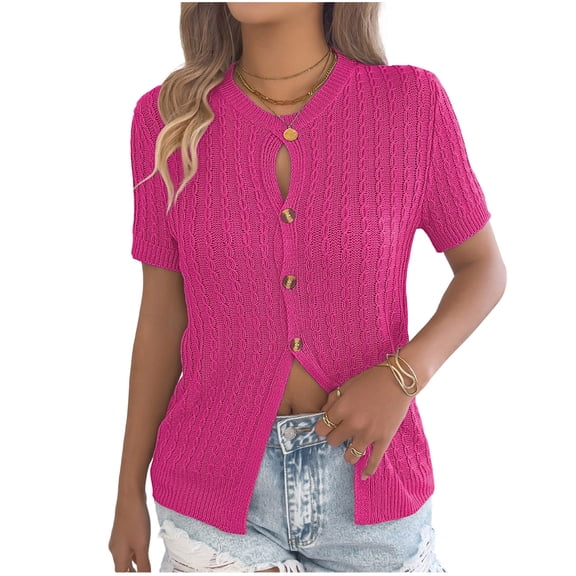 Women's V Neck Short Sleeve Cable Knit Button Down Pullover Tops Keyhole Crewneck Dressy Casual Blouse Fitted Summer 2026 Fashion Shirt Buttons Front Breathable