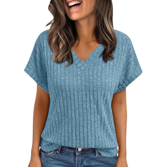 Women's V-Neck Short Sleeve Casual Blouse, Soft Polyester Solid Top for Summer and Spring