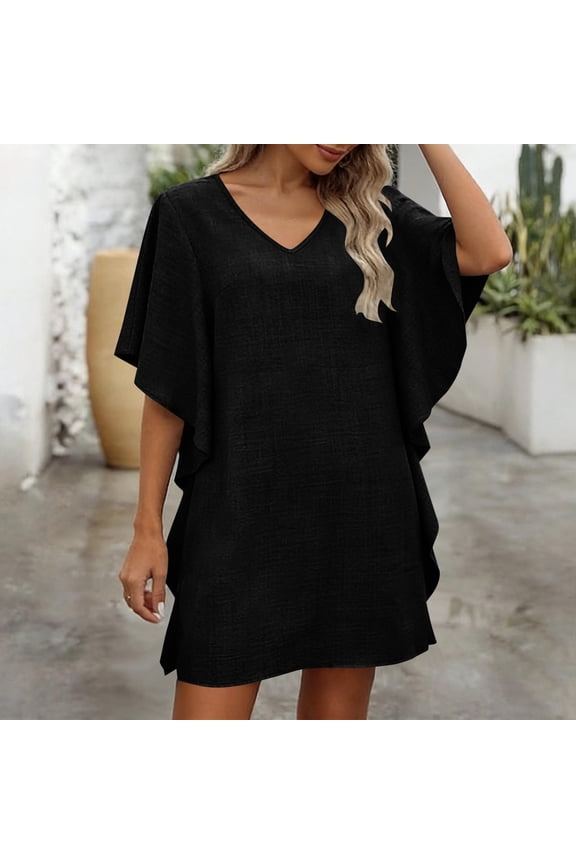 Women's V-Neck Short Sleeve Casual Dress, Solid Color Comfortable Everyday Wear for Multiple Occasions