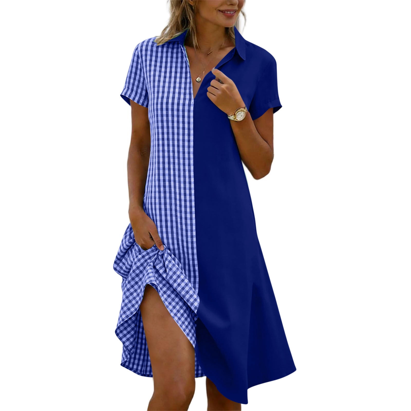 Hinvhai Women's V Neck Short Sleeve Dress Collared Contrast Stripe Panel Waist Definition Solid Color Casual Black, Size: XL
