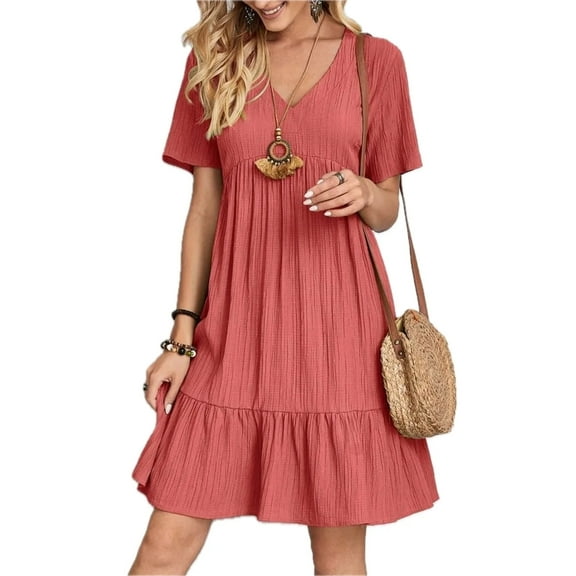 Women's V-Neck Short Sleeve Dress in 100% Polyester Fabric Desirable Full Size Everyday Style with Easy Care and Comfort