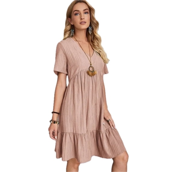 Women's V-Neck Short Sleeve Dress in 100% Polyester Fabric Desirable Full Size Everyday Style with Easy Care and Comfort
