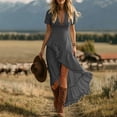 thumbnail image 1 of Women's V-Neck Short-Sleeve Dress with Asymmetrical Hemline and Ruffle Detail, 1 of 6