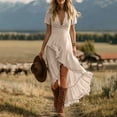 thumbnail image 1 of Women's V-Neck Short-Sleeve Dress with Asymmetrical Hemline and Ruffle Detail, 1 of 6